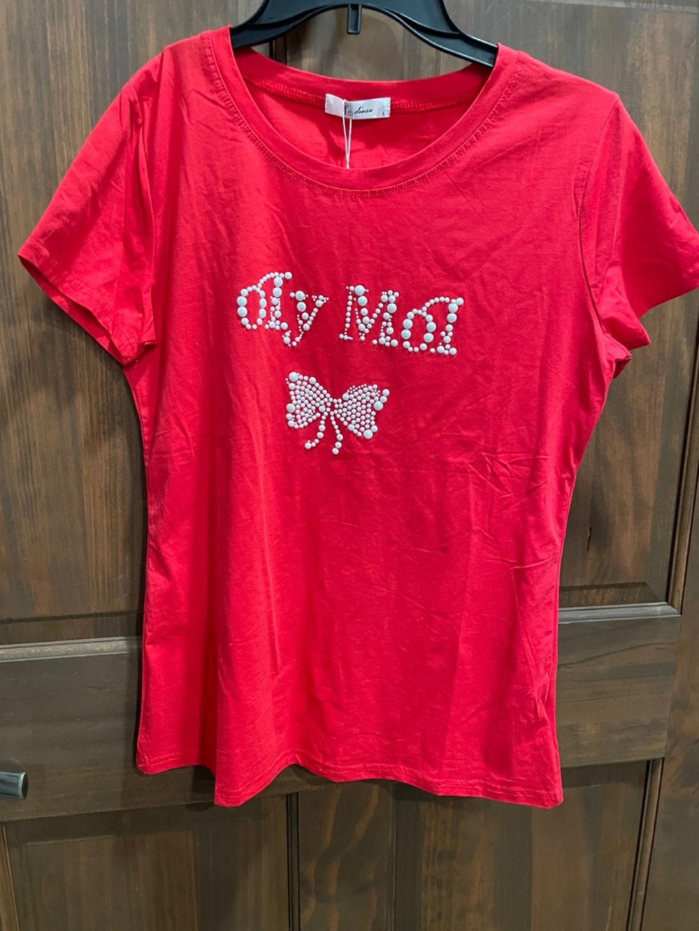 Women’s Red Short Sleeve Tee with Pearl Butterfly Detail